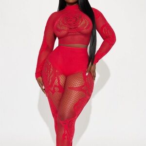 Red Lace Mesh Bodysuit Set